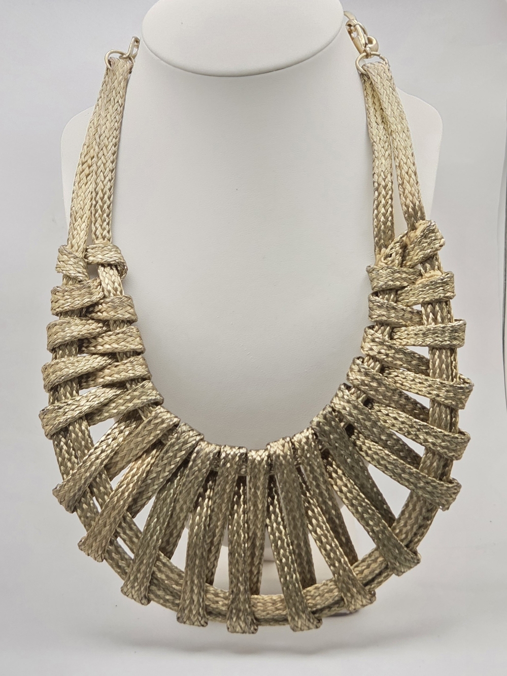 Gold Tone Woven Jute Statement Collar Necklace 20"